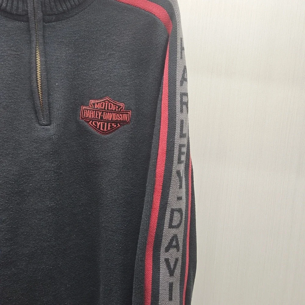 Harley-Davidson Mens Black Cotton 1/4 Zip Sweater Logo Sleeve Stripe Large L